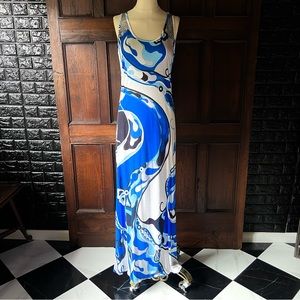 Emilio Pucci Size 12 Blue Printed Embellished Sleeveless Knit Maxi Tank Dress